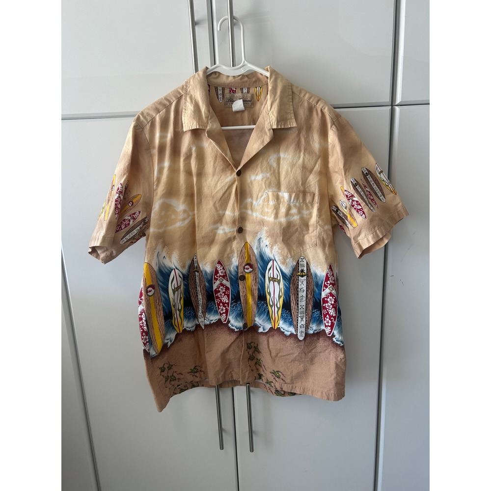 Blue Hawaii Surfboard Print Aloha Shirt Mens Large Tan‎ Cotton Made in Hawaii